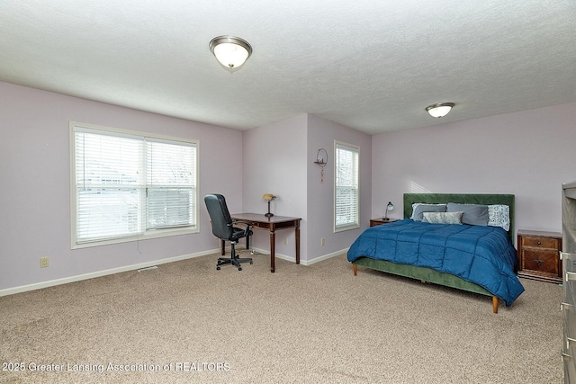 bedroom with carpet floors and a textured ceiling