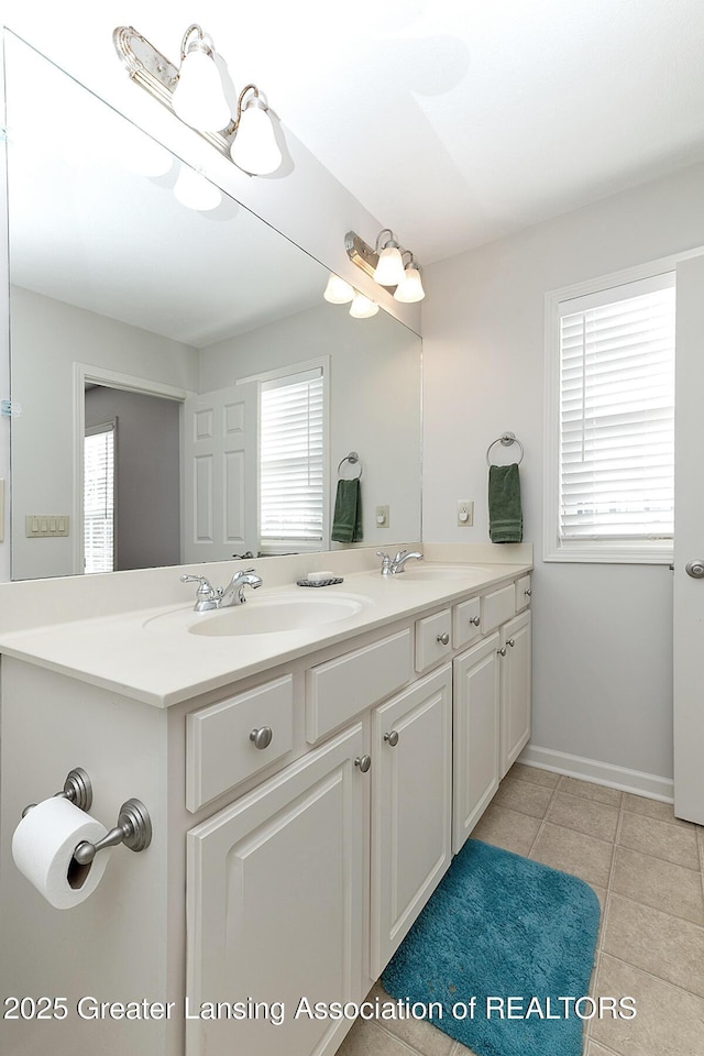 bathroom featuring tile patterned flooring, vanity, and a wealth of natural light