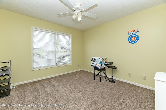 misc room featuring ceiling fan and carpet