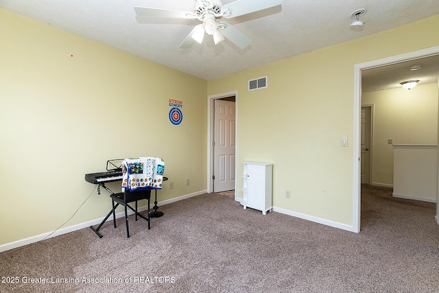 misc room with carpet floors, a textured ceiling, and ceiling fan