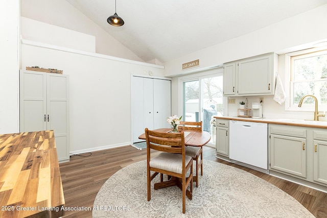 kitchen with sink, dishwasher, high vaulted ceiling, dark hardwood / wood-style flooring, and decorative light fixtures