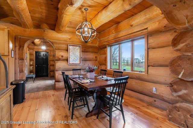 dining room with rustic walls, an inviting chandelier, beam ceiling, wooden ceiling, and light wood-type flooring