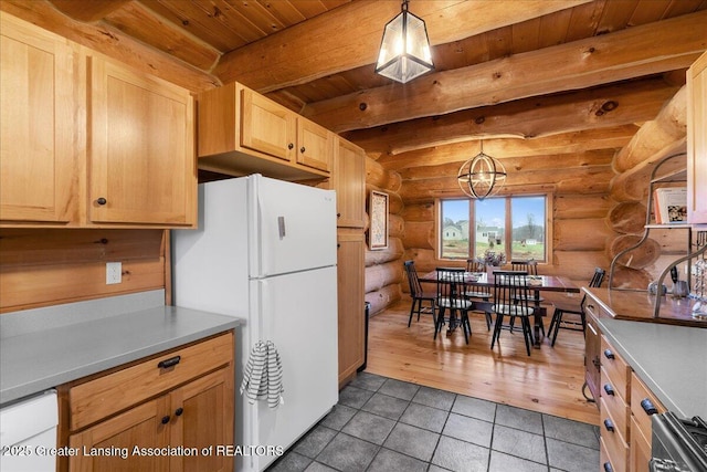 kitchen with white appliances, wood ceiling, hanging light fixtures, beam ceiling, and light brown cabinetry