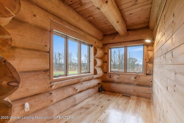 interior space featuring beamed ceiling, wood-type flooring, log walls, and wood ceiling