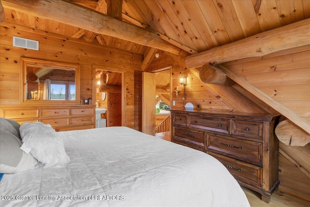 bedroom featuring wooden walls, light hardwood / wood-style floors, beam ceiling, and wooden ceiling