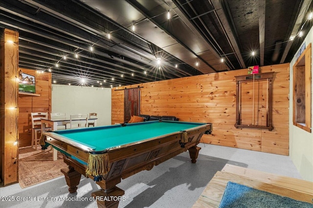 rec room featuring wooden walls and billiards