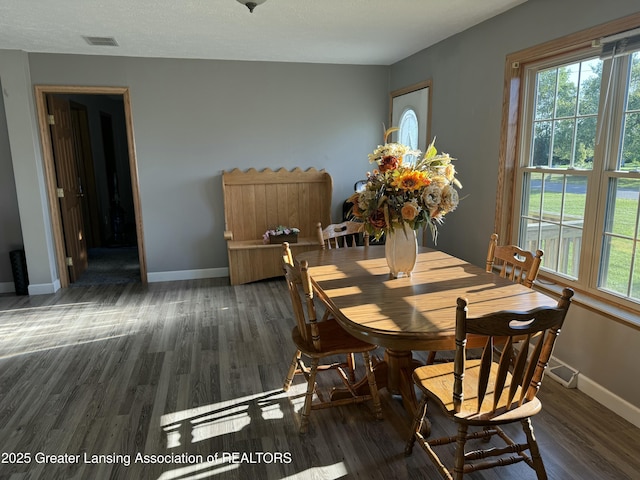 dining area featuring dark wood-type flooring