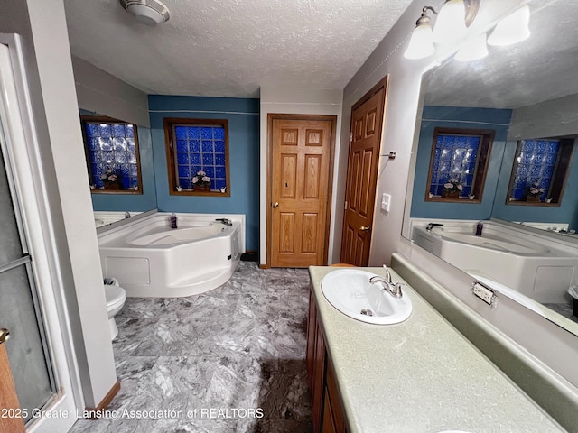 bathroom featuring toilet, vanity, a bath, and a textured ceiling