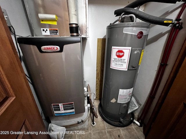 utility room featuring electric water heater and heating unit