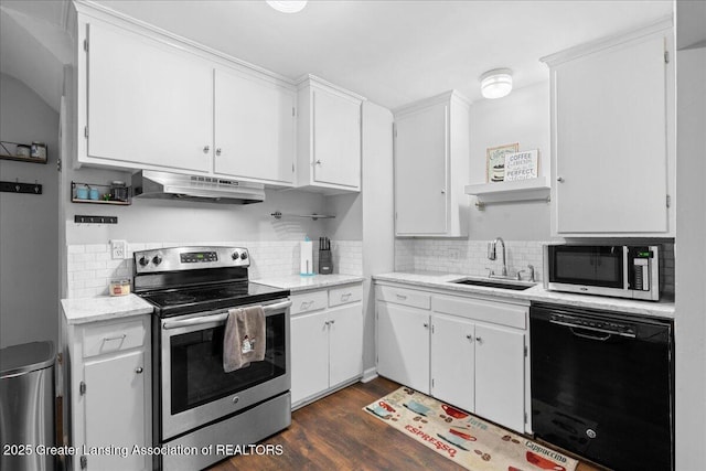 kitchen with appliances with stainless steel finishes, white cabinetry, sink, backsplash, and dark wood-type flooring