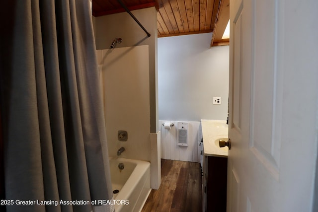 bathroom featuring shower / washtub combination, hardwood / wood-style floors, heating unit, vanity, and wooden ceiling