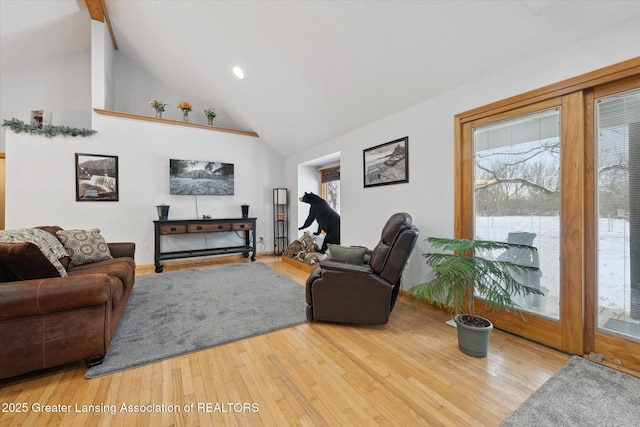 living room featuring hardwood / wood-style flooring and high vaulted ceiling