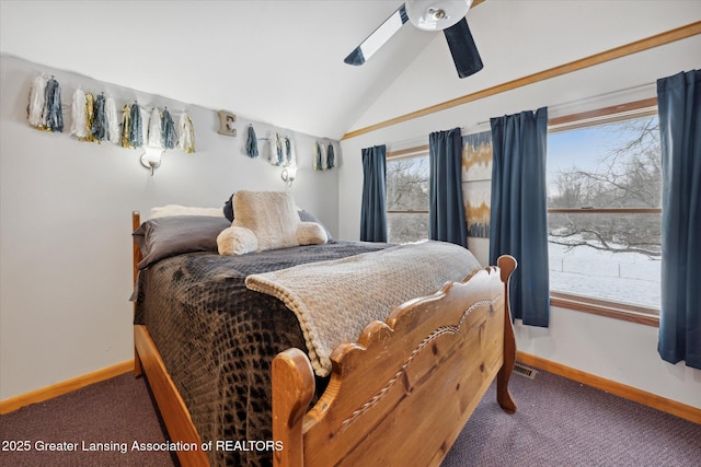 carpeted bedroom featuring ceiling fan and lofted ceiling