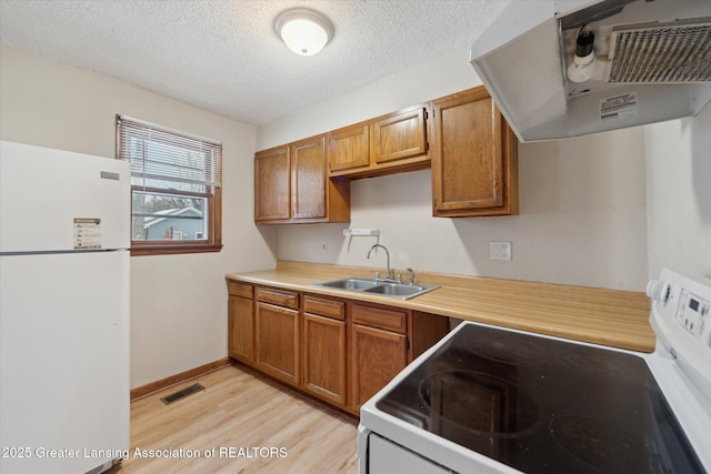 kitchen with sink, white appliances, range hood, a textured ceiling, and light wood-type flooring