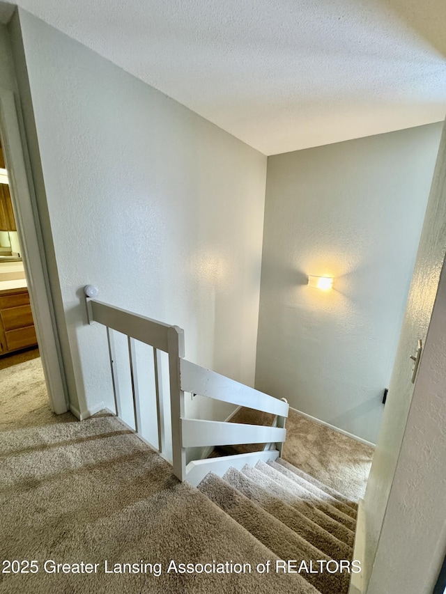 staircase featuring a textured ceiling and carpet flooring