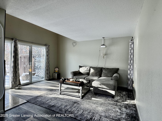 living room featuring wood-type flooring and a textured ceiling