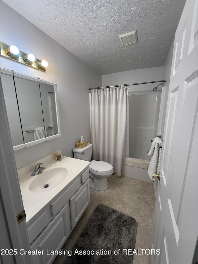 full bathroom with vanity, shower / bath combo with shower curtain, a textured ceiling, and toilet