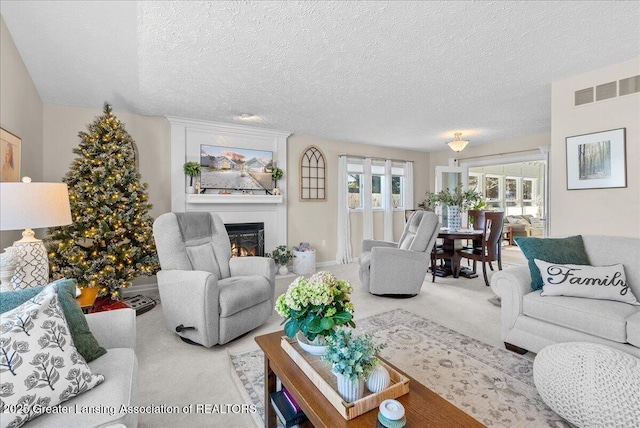 carpeted living room with a textured ceiling