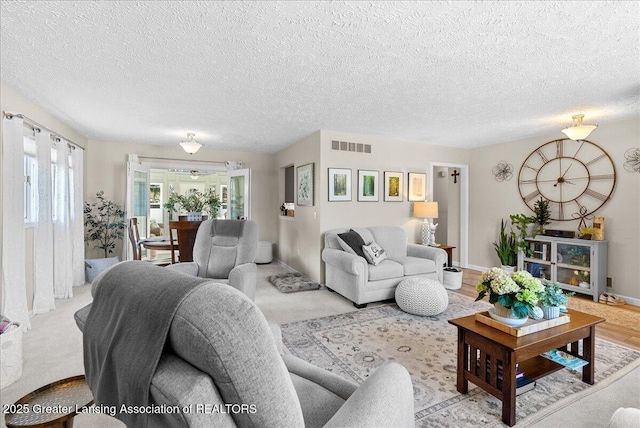 living room with a textured ceiling