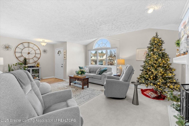 living room with lofted ceiling and a textured ceiling