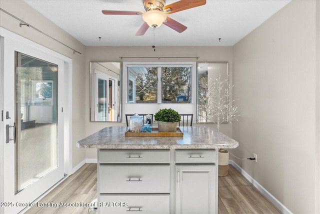 kitchen with a wealth of natural light, white cabinets, a textured ceiling, and light hardwood / wood-style flooring