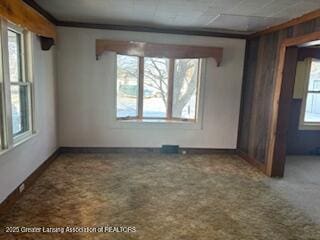 unfurnished room featuring ornamental molding and carpet