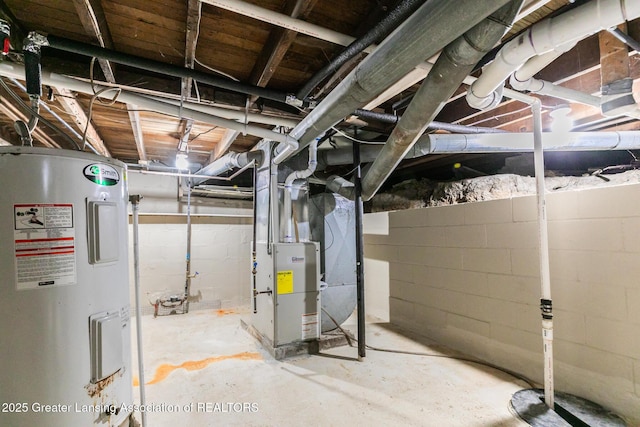 basement with heating unit and water heater