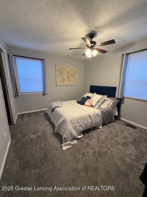 carpeted bedroom with ceiling fan, multiple windows, and a textured ceiling