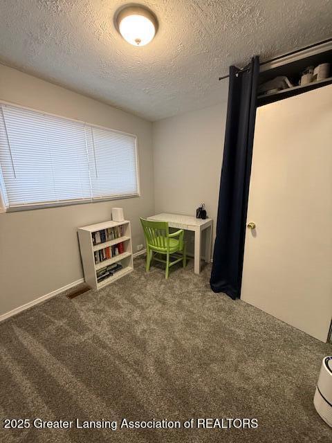 recreation room featuring carpet flooring and a textured ceiling