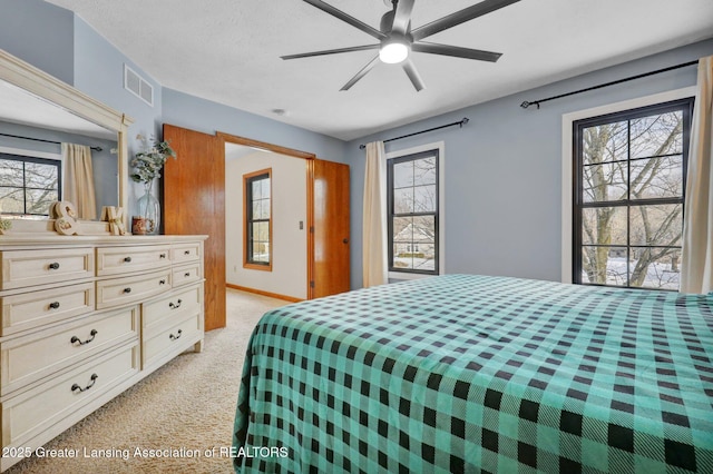 carpeted bedroom with ceiling fan, multiple windows, and a textured ceiling