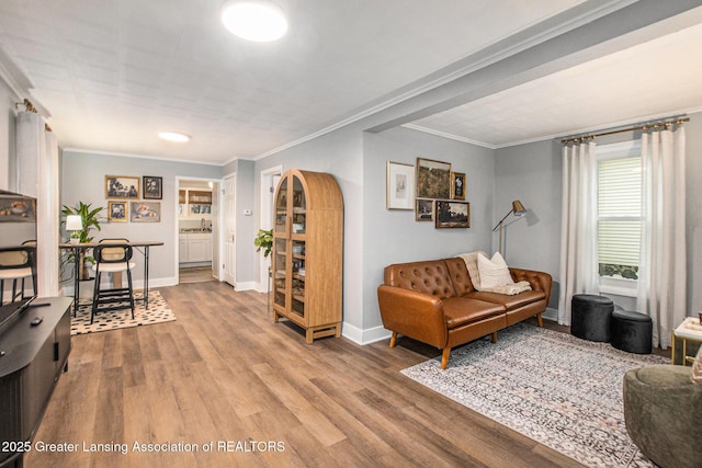 living room with ornamental molding and wood-type flooring