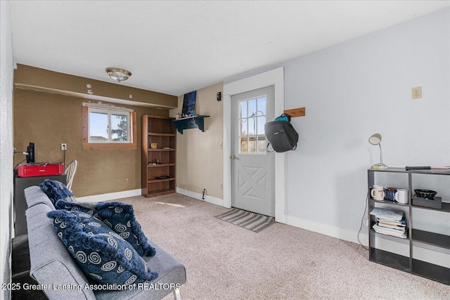 living area with carpet floors, baseboards, and a wealth of natural light