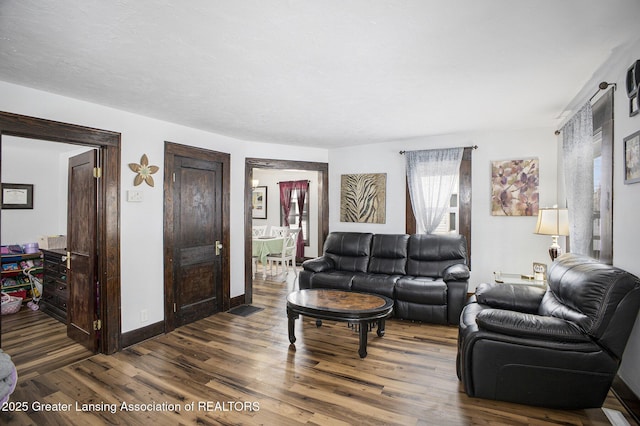 living room with dark hardwood / wood-style flooring