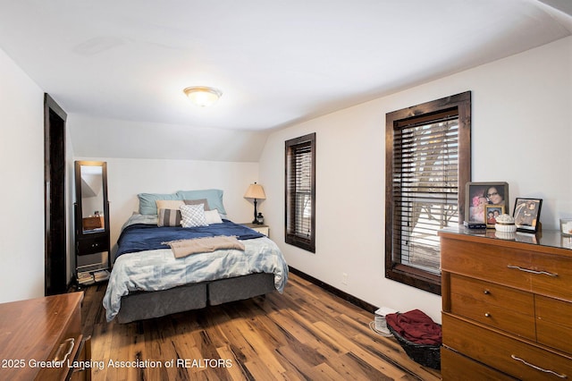 bedroom featuring lofted ceiling and hardwood / wood-style flooring