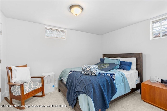 bedroom featuring multiple windows and light carpet