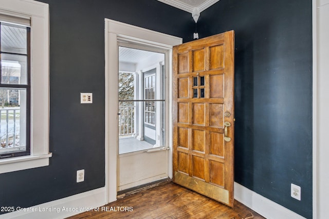 foyer entrance featuring crown molding and dark hardwood / wood-style flooring