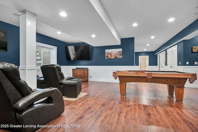 rec room featuring pool table, wood-type flooring, and ornate columns