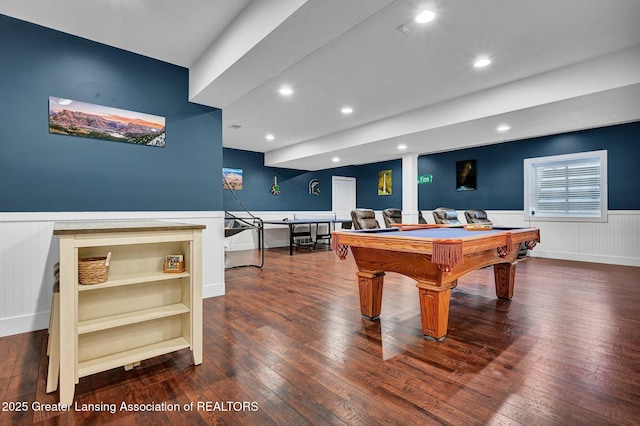 game room with pool table and dark hardwood / wood-style flooring