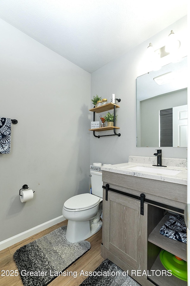 bathroom with vanity, hardwood / wood-style floors, and toilet