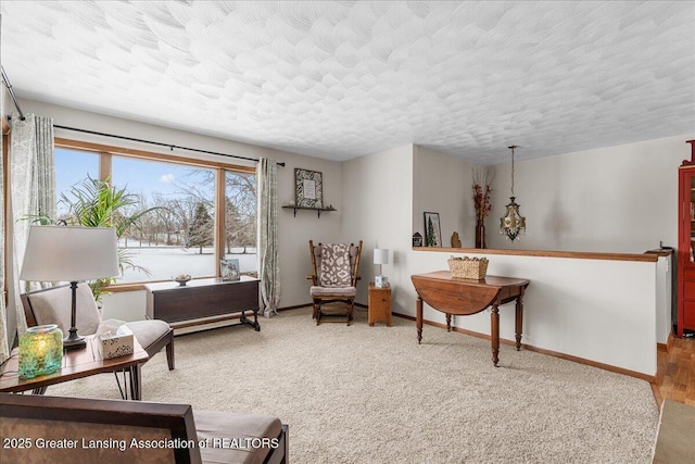 sitting room with a textured ceiling and carpet flooring