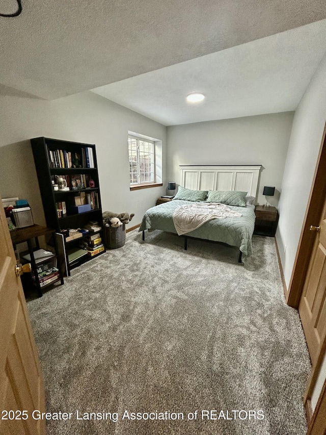 bedroom featuring carpet floors and a textured ceiling