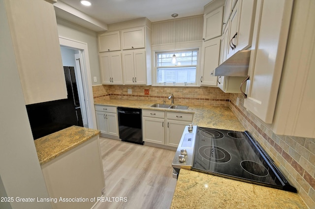 kitchen featuring white cabinetry, sink, black dishwasher, and light stone counters