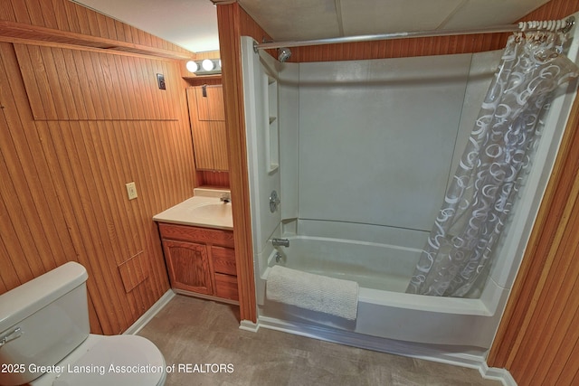 full bathroom with toilet, shower / bath combination with curtain, and wood walls