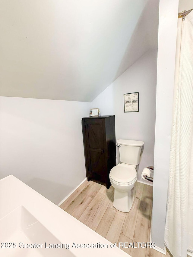 bathroom featuring toilet, lofted ceiling, and wood-type flooring