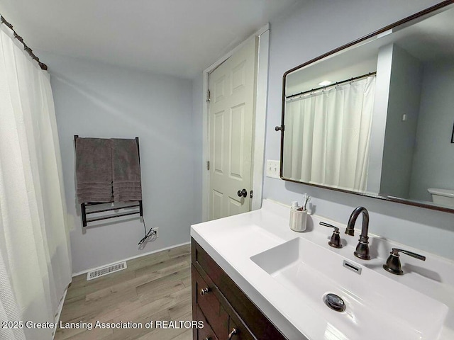 bathroom with hardwood / wood-style flooring and vanity