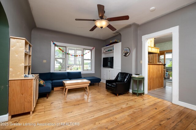 7761 W Herbison Rd, Dewitt, MI 48820 - living room featuring light wood-style flooring, ceiling fan, plenty of natural light, and baseboards