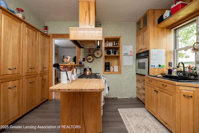 7761 W Herbison Rd, Dewitt, MI 48820 - kitchen featuring wooden counters, open shelves, oven, stainless steel gas range oven, and a sink