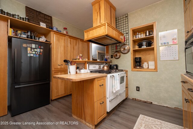 7761 W Herbison Rd, Dewitt, MI 48820 - kitchen with freestanding refrigerator, open shelves, gas range gas stove, dark wood-type flooring, and butcher block countertops