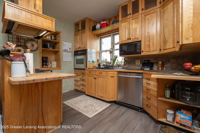 7761 W Herbison Rd, Dewitt, MI 48820 - kitchen with stainless steel appliances, open shelves, butcher block countertops, wood finished floors, and custom exhaust hood