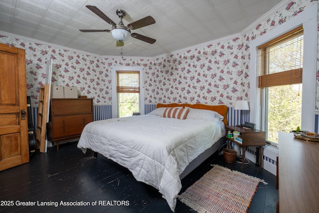 7761 W Herbison Rd, Dewitt, MI 48820 - bedroom with hardwood / wood-style flooring, wallpapered walls, crown molding, and a ceiling fan